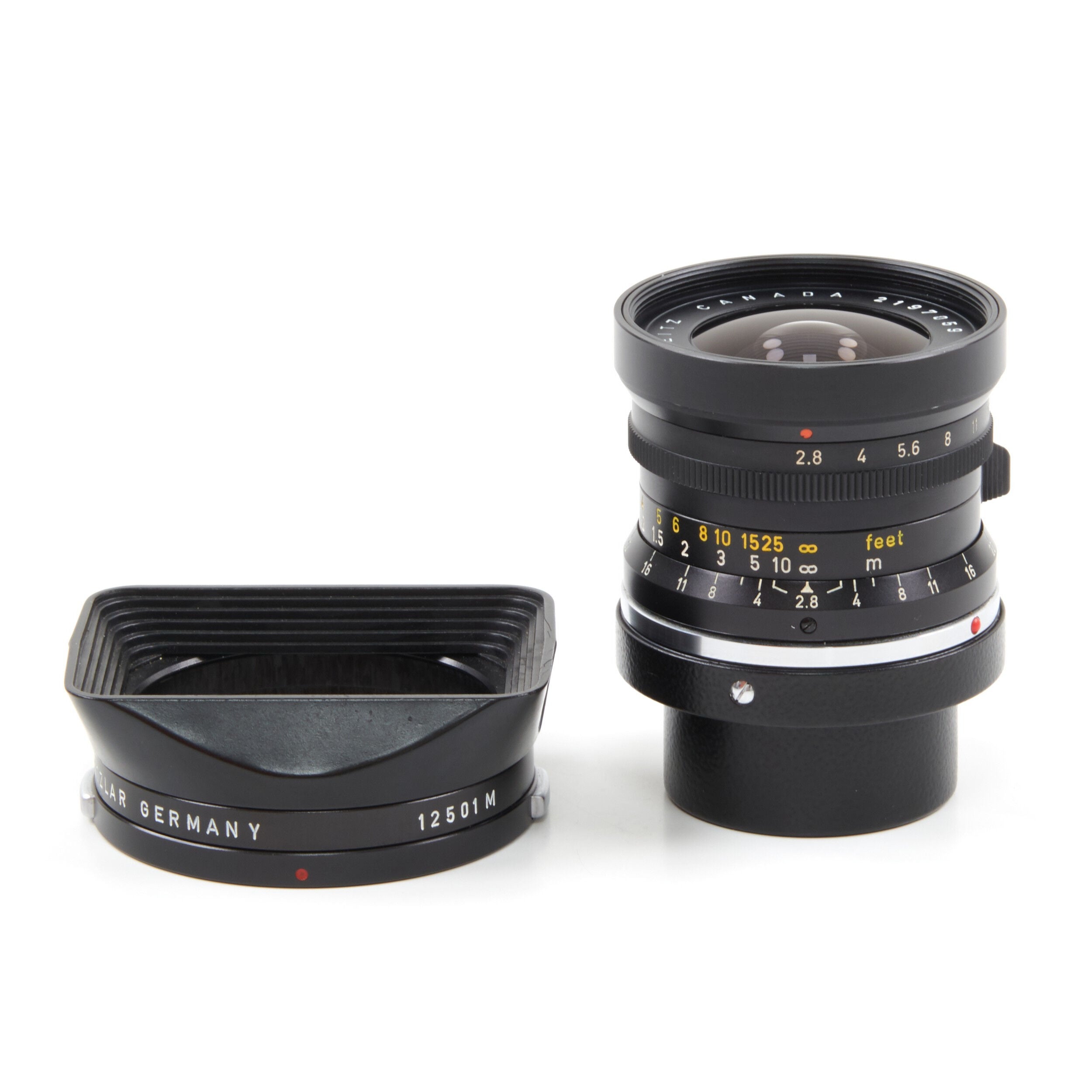 Leitz 28mm f2.8 Elmarit 9 Element Black Paint Stopper Canada + Hood