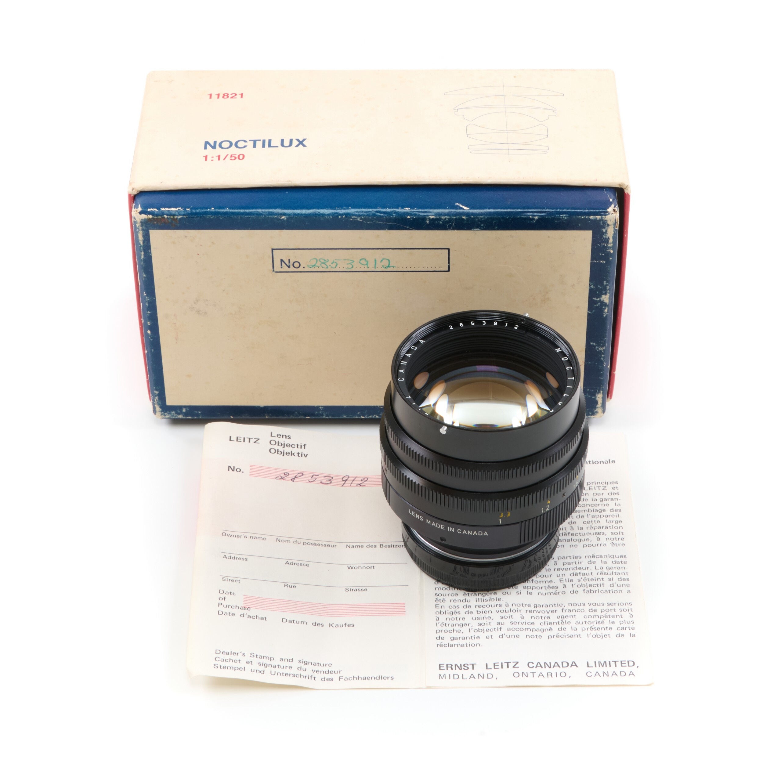 Leitz 50mm f1 Noctilux E58 + 12519 Hood 2nd Batch + Box
